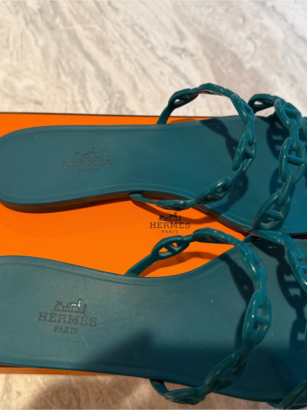 Hermès Rivage Teal Chain Strap Slides 37 - Picture 10 of 11